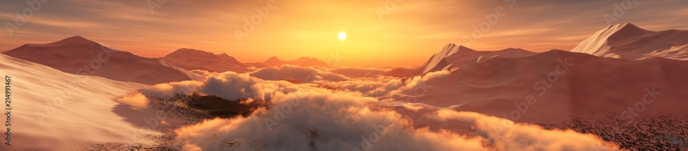 Peaks in the clouds at sunset. Panorama of the mountain landscape.
3D rendering
