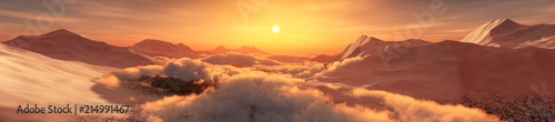 Peaks in the clouds at sunset. Panorama of the mountain landscape. 3D rendering 