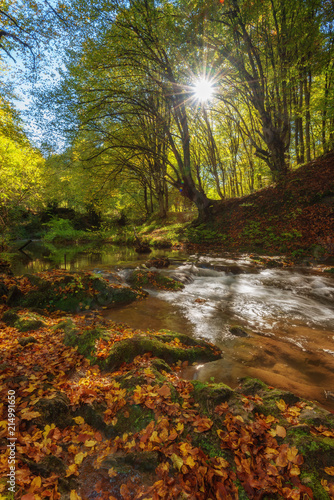 Dokuzak waterfall in Strandja mountain, Bulgaria during autumn. Beautiful view of a river with an waterfall in the forest. Magnificent autumn landscape. photo