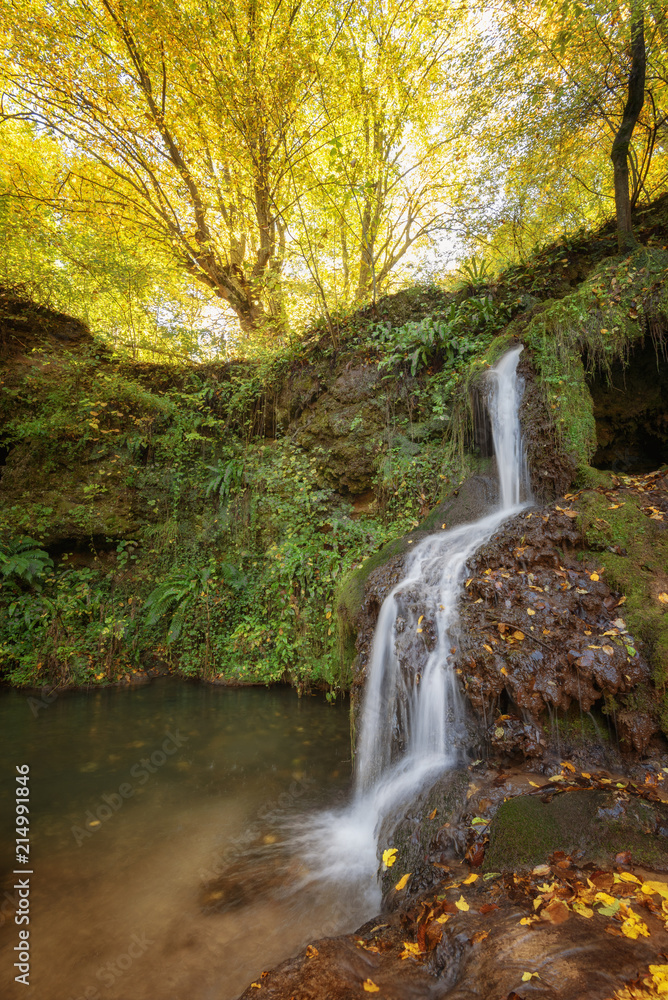 Dokuzak waterfall in Strandja mountain, Bulgaria during autumn. Beautiful view of a river with an waterfall in the forest. Magnificent autumn landscape.