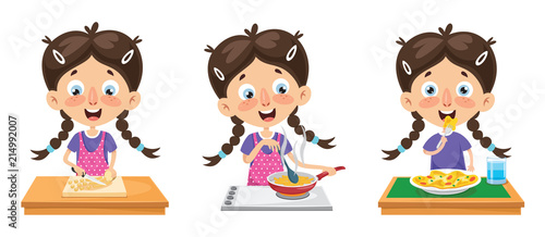 Vector Illustration Of Kid Cooking Meal