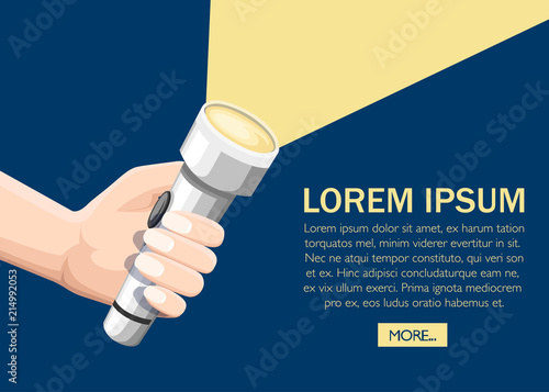 Hand hold white shining flashlight. Metal flashlight with on off button. Flat vector illustration with place for text. Concept design for website or advertising