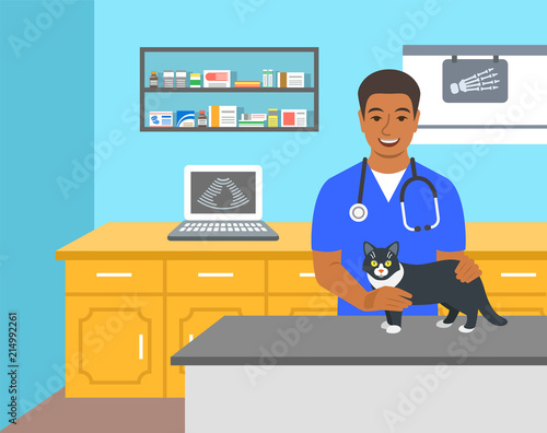Veterinarian doctor holds dog on examination table in vet clinic. Vector cartoon illustration. Pets health care background. Domestic animals treatment concept. Veterinary professional consultation