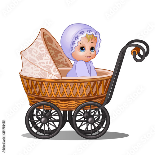 Little girl sitting in a vintage stroller isolated on white background. Vector cartoon close-up illustration.