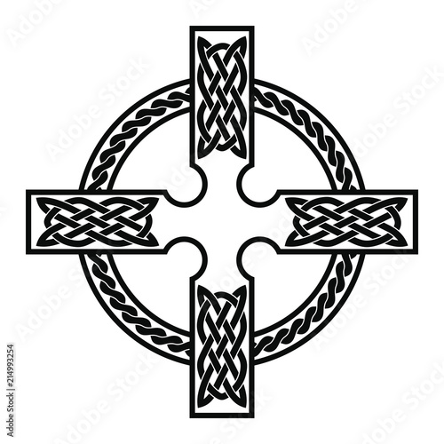 Celtic cross with national ornament as interlaced ribbon isolated on white background.