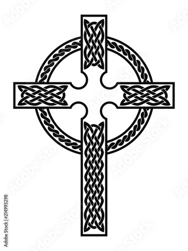 Celtic cross with national ornament as interlaced ribbon isolated on white background.