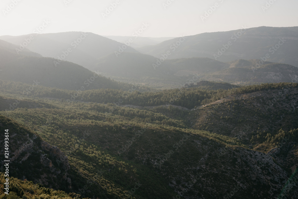 A lot of huge beautiful hills covered with forest in the evening in Spain