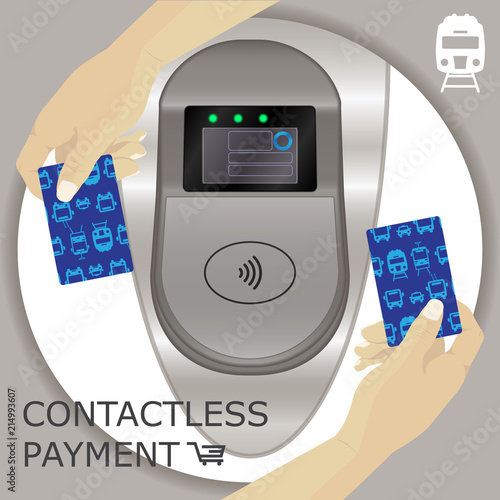 Airport, metro, subway ticket terminal for wireless payments. RFID. Hands holding card for transport payment gate. Contactless.