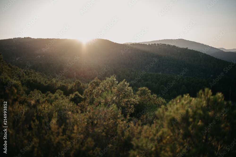 Golden sunset on the hills covered with green forest in Spain. Photo with sun reflection.
