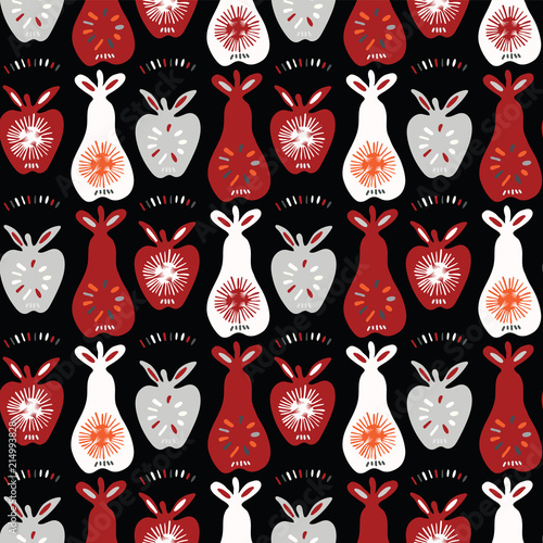 Apples Pears Vector Food Pattern Seamless, Hand Drawn Illustration for Greengrocers Stationery, Healthy Recipes, Invitations, Gift Wrap & Kitchen Decor, Food Blog Backgrounds, Retro Fashion Prints