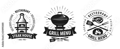 Barbecue, grill logo or label. BBQ, kebab emblem. Vector illustration