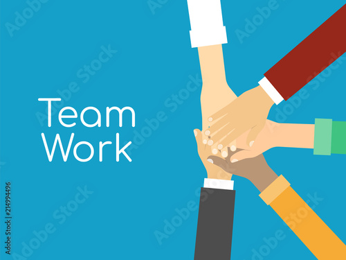 Friends with stack of hands showing unity and teamwork, top view