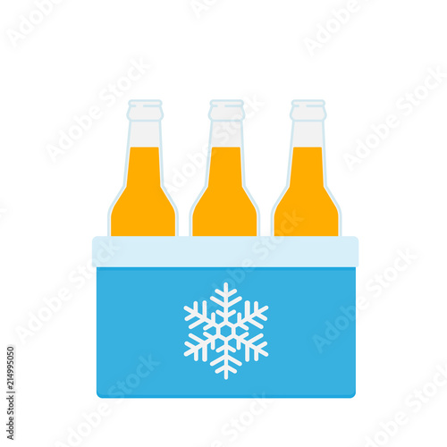 Freezer-bag in blue color. Cooler bag with beer bottles. Portable cooler icon. Isolated vector illustration on white background.