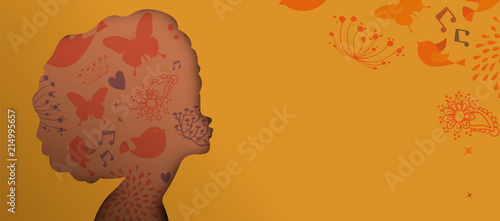 Black african woman face paper cut web banner