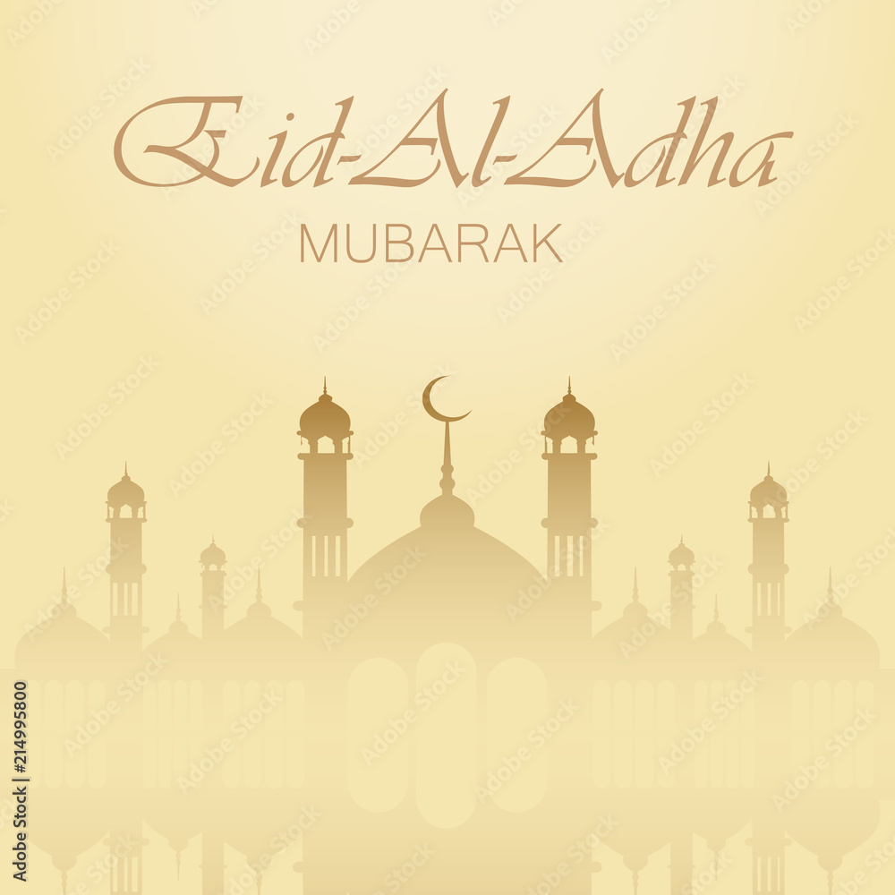 Eid Al Adha Mubarak greeting card with mosque. Vector