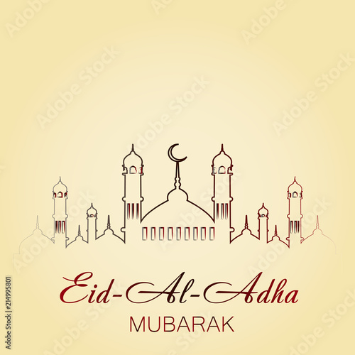 Eid Al Adha Mubarak greeting card with mosque. Vector