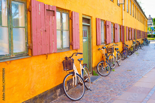 Bycicles old building wall. Copenhagen