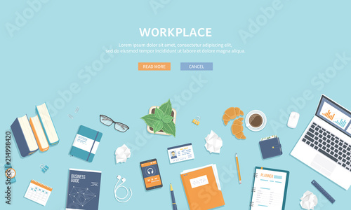 Workplace background. Top view of table with supplies laptop, books, documents, folder, notepad, calculator, calendar, headphones, clock, coffee, croissants. Vector illustration Top view