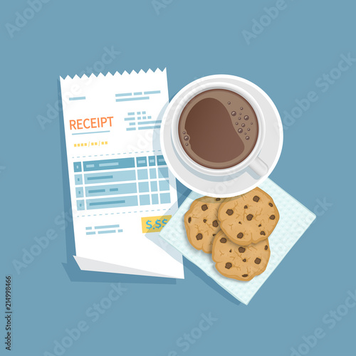 Paper receipt for cup of coffee, cookies with chocolate chips. Restaurant bill paying. Customer's payment for cafe service. Cashier check, invoice, order. Money for goods and services. Vector 