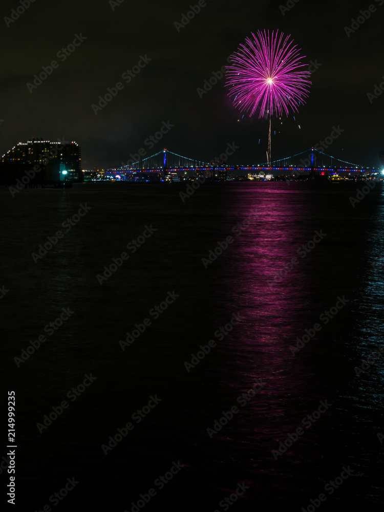 Fireworks over Bridge and Water, Philadelphia 4th of July