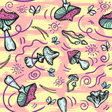 Seamless vector background with mushrooms, needles and moths. Amanita fly agari