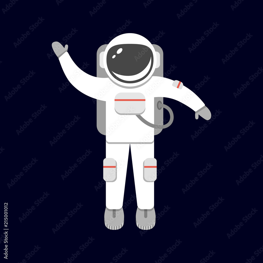 Spaceman isolated on black background. Astronaut in outer space. Space suit. Vector illustration in flat style