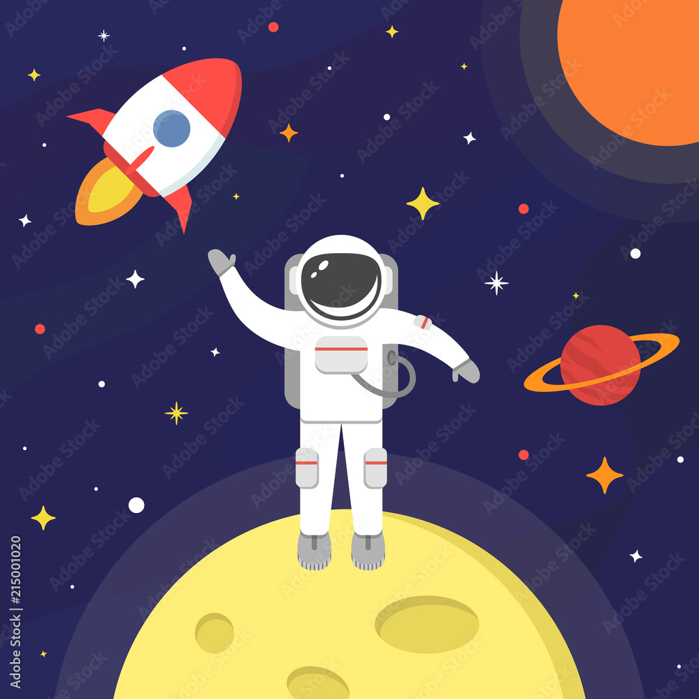 Astronaut in outer space. Spaceman isolated on black background. Space suit, moon, spaceship, sun, planet, stars concept. Vector illustration in flat style Astronaut in outer space. Spaceman isolated on black background. Space suit, moon, spaceship, sun, planet, stars concept. Vector illustration in flat style