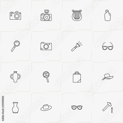Archeology line icon set with hat, water flask and harp