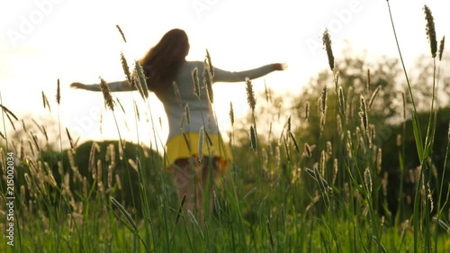 Silhouette of Happy woman spinning arund on field
