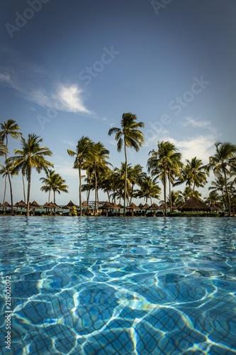 Pool with palm trees near the ocean during a beautiful sunset. © beto_chagas
