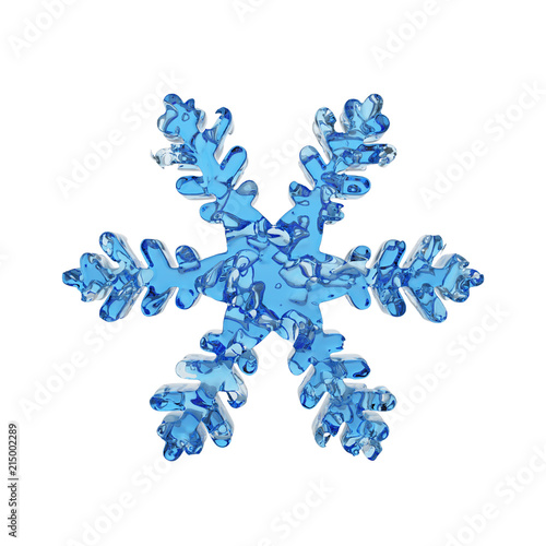 Liquid translucent snowflake made of crystal blue water isolated on white background. 3d render.