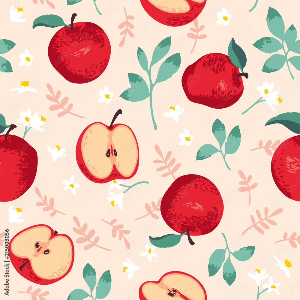 Obraz premium Vector summer pattern with apples, flowers and leaves. Seamless texture design.