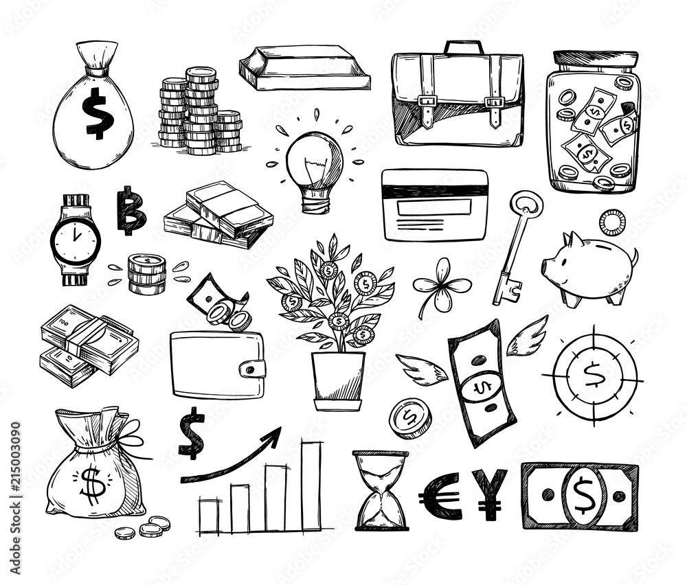 Fototapeta premium Hand drawn vector illustrations - Save money. Sketch design elements. Finance, payments, banks, cash, four-leaf clover, money box. Perfect for business presentations, web, bunners, advertising