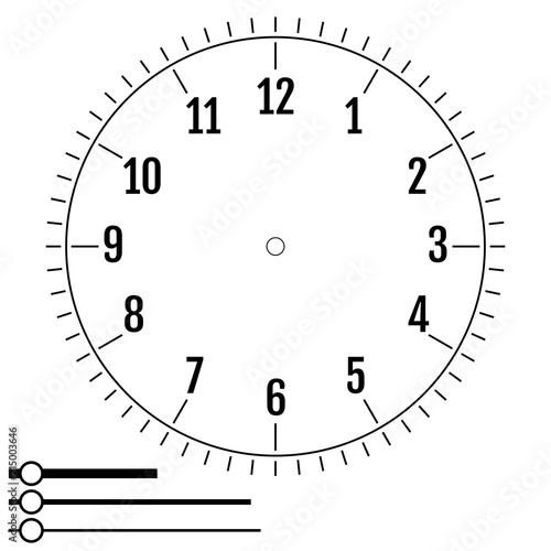 Clock face round. Design for men. Blank display dial of mechanical, electrical device with figures for measuring time, hours, minutes, seconds hands. Vector