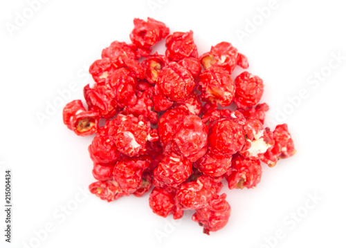 Red Colored Candy Coated Popcorn on a White Background