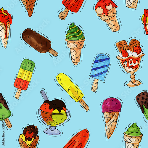 Ice cream vector icy cream or icecream in cone with chocolate and vanilla and iced creamer dessert on scoop illustration icing candy with creamer set seamless pattern background