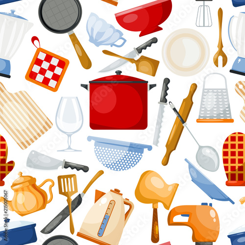Kitchenware vector cookware for cooking and kitchen utensils or cutlery for kitchener illustration tableware in kitchenette set seamless pattern background