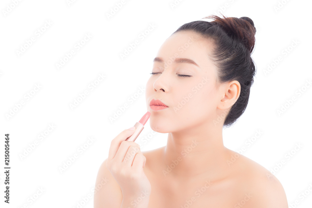Beauty of portrait asian woman applying make up with lipstick of mouth isolated on white background, Beautiful girl on lips with happy, skincare and cosmetic concept. Beauty of portrait asian woman applying make up with lipstick of mouth isolated on white background, Beautiful girl on lips with happy, skincare and cosmetic concept.