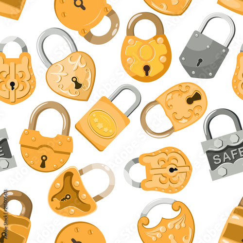 Padlock vector lock for safety and security protection with locked secure mechanism to interlock or lockout locking system illustration set seamless pattern background