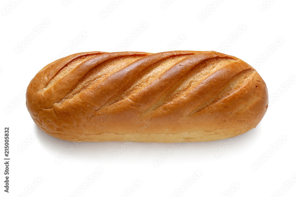A loaf of fresh white wheat bread isolated on a white background. Top view A loaf of fresh white wheat bread isolated on a white background. Top view