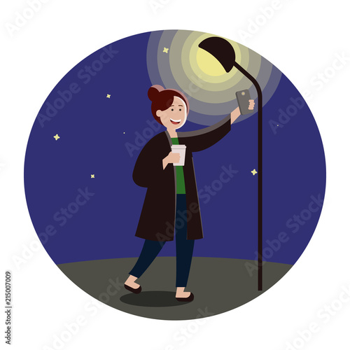 Fashionable girl on the dark street under the light holding phone, making selfies for social networks, personal photo album. Illustration in cartoon style.