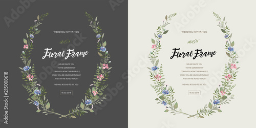 Design greeting card \ wedding invitations, floral frames for your vintage posters and backgrounds with elements of meadow flowers, leaves 