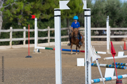 Close Up of Obstacles on Blur Man Riding a Horse in a Riding School during a Competition on Blur Background