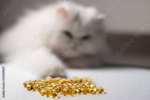 Foto Several capsules of fish oil. Curious cat in the background