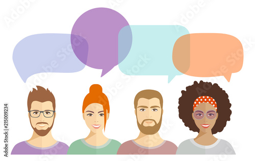 Vector illustration of portraits of people from all over the world who think and discuss the Internet, news, social networks and friends, speech bubbles