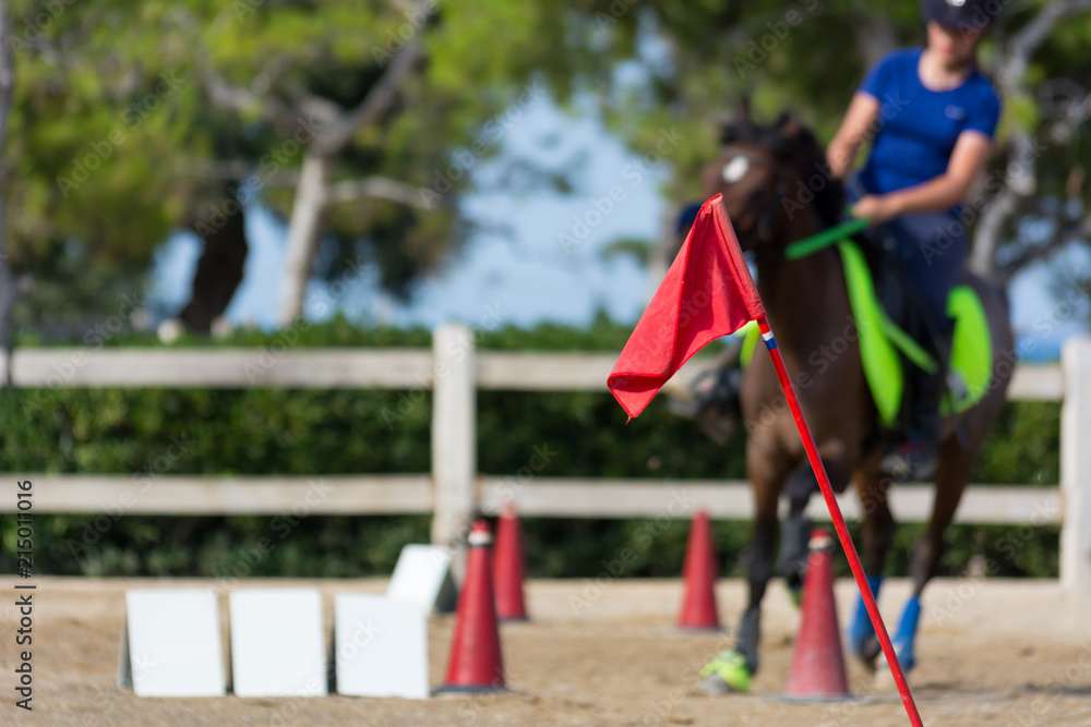 Close Up of the Red Flag of Start on Blur Man Riding a Horse in a Riding School during a Competition on Blur Background