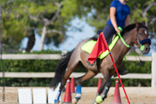 Close Up of the Red Flag of Start on Blur Man Riding a Horse in a Riding School during a Competition on Blur Background