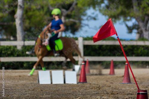 Close Up of the Red Flag of Start on Blur Man Riding a Horse in a Riding School during a Competition on Blur Background © daniele russo
