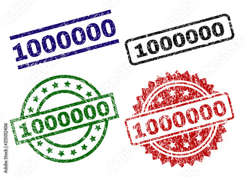 1000000 seal stamps with corroded texture. Black, green,red,blue vector rubber prints of 1000000 text with corroded texture. Rubber seals with circle, rectangle, medallion shapes.