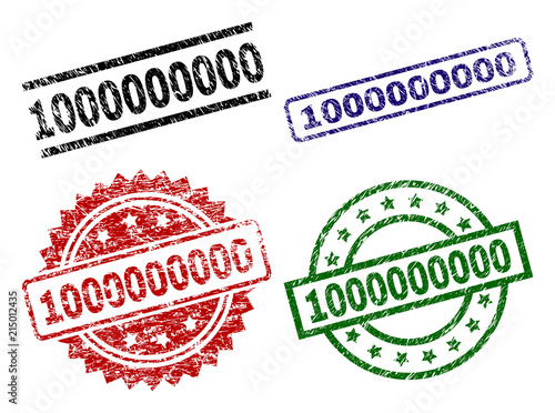 1000000000 seal prints with corroded texture. Black, green,red,blue vector rubber prints of 1000000000 label with dirty texture. Rubber seals with round, rectangle, medallion shapes.